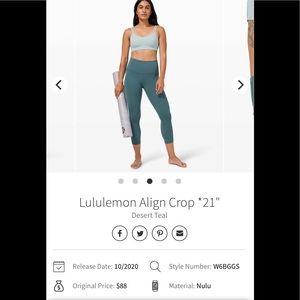 Lululemon Athletica align crop 21 desert teal